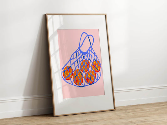 Fruits in Bag Print | Red Fruit Art in Blue Net | Pink