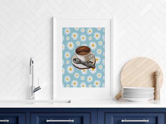 Coffee Cup Print | Floral Pattern | Blue | Cosy Kitchen Wall Art