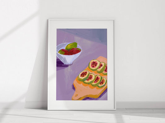 Fruits on Chopping Board Print | Purple | Modern Kitchen Wall Art