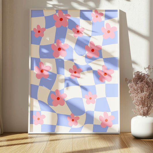 Checkered Pink Abstract Flowers Print | Modern Artwork | Blue
