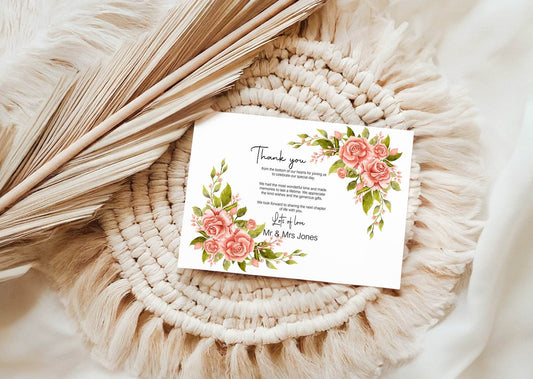 Pink Rose Thank You Wedding Party Cards | Pack of 10