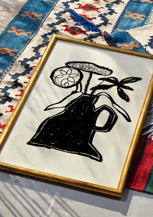 Abstract Black & White Vase With Flowers Wall Art Print