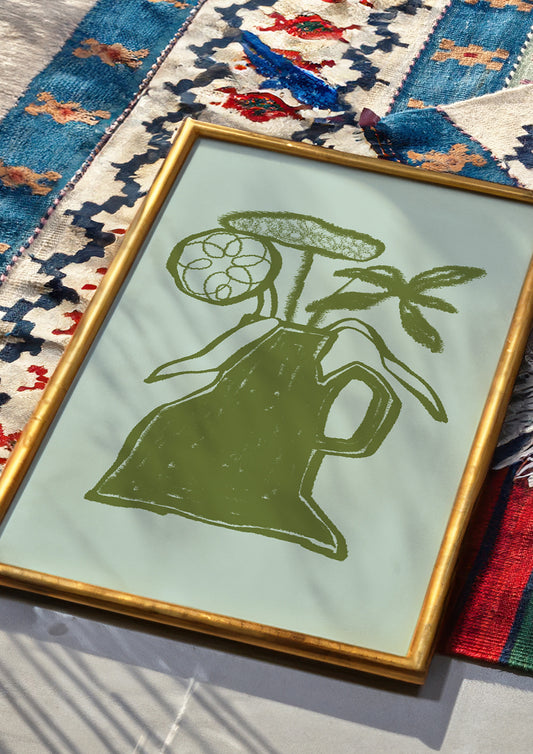 Abstract Green Vase With Flowers Wall Art Print