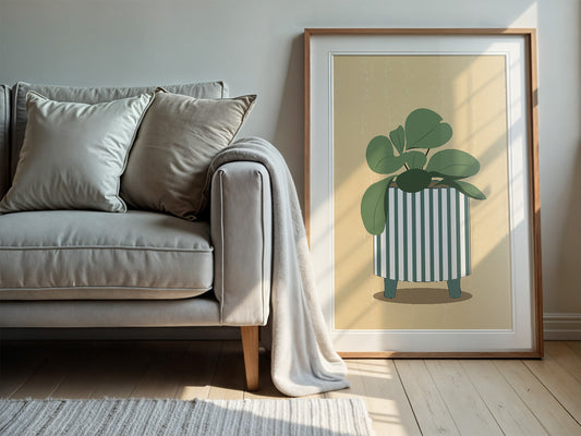 Abstract Green & White Striped Vase With Flowers Wall Art Print
