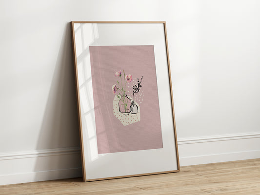 Abstract Dusky Pink With Flowers Wall Art Print