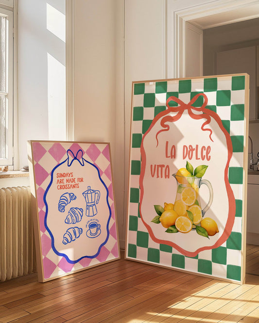 La Dolce Vita Print | Lemons in Jug | Green Checkered Italian Wall Art
