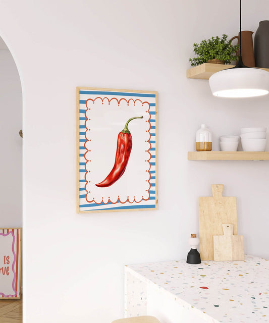 Red Spicy Pepper Print | Bold Kitchen Wall Art | White & Blue Stripes