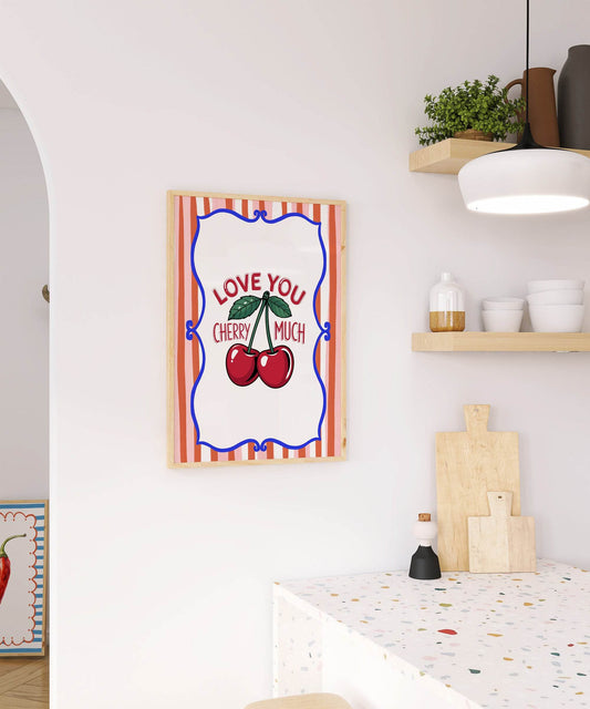 Love You Cherry Much Print | Cute Fruit Wall Art | Orange & Pink Stripes
