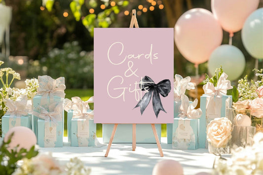 Bows Cards & Gifts Birthday Party Sign | Pink & Black