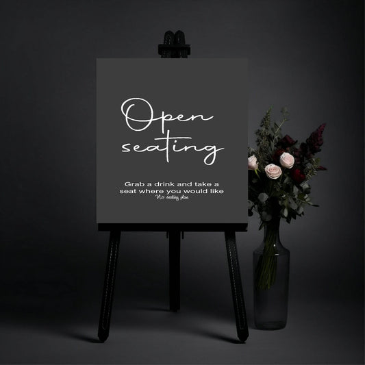 Minimalist Noir Open Seating Wedding Party Sign