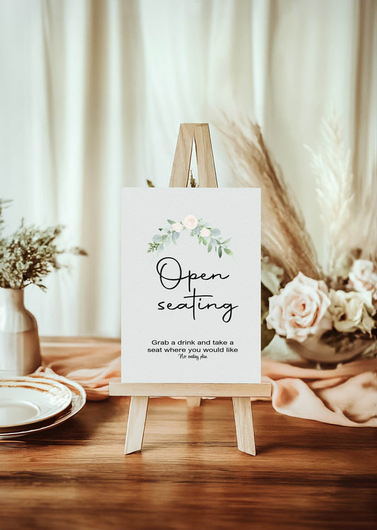 Green & White Rose Open Seating Wedding Party Sign