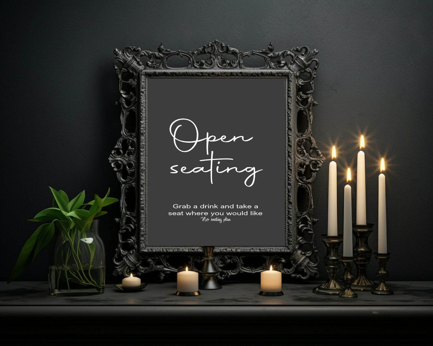 Minimalist Noir Open Seating Wedding Party Sign