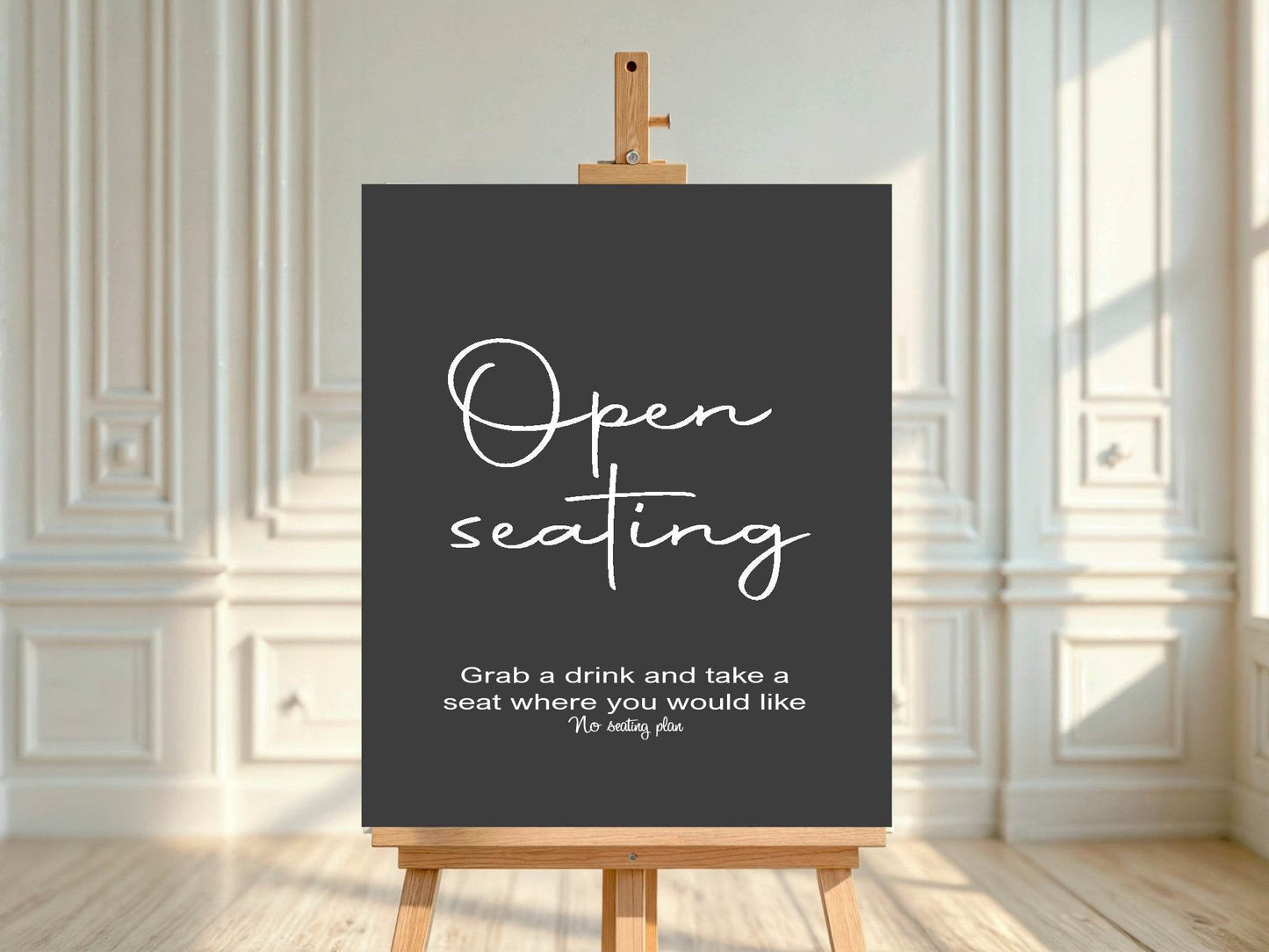 Minimalist Noir Open Seating Wedding Party Sign