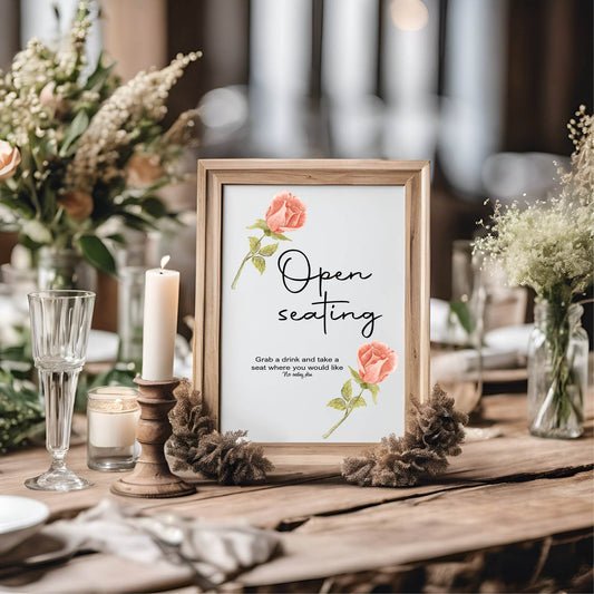 Pink Rose Open Seating Wedding Party Sign