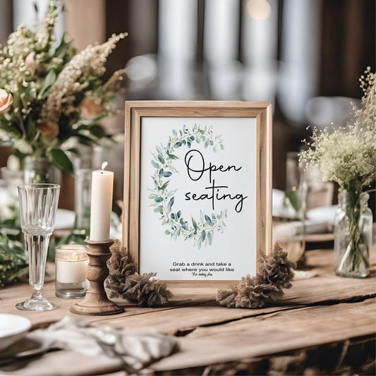 Eucalyptus Open Seating Wedding Party Sign