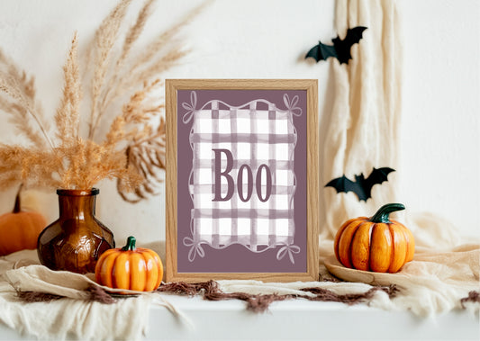Boo Checkered Print | Halloween Wall Art | Purple Background & Round Border