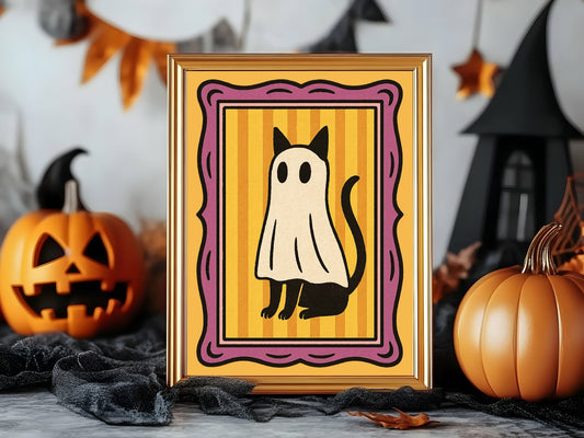 Ghost Cat Print | Halloween Wall Art | Orange Stripes & Purple Border