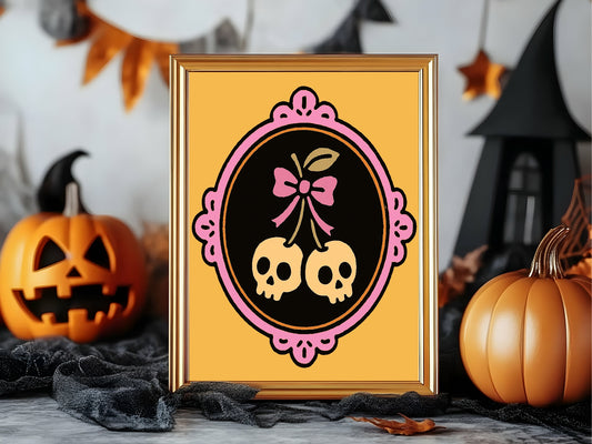 Cherry Skulls Print | Gothic Wall Art | Black & Orange Background