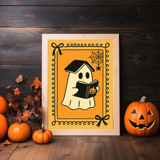 Ghost Reader Print | Halloween Wall Art | Orange Background | Black Border