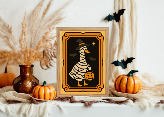 Halloween Goose Print | Spooky Wall Art | Black Background | Orange Border