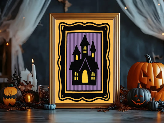 Haunted House Print | Halloween Wall Art | Purple Stripes | Black Border