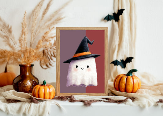 Cute Ghost Print | Halloween Wall Art | Purple & Red Background