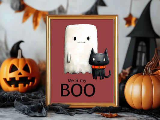 Me & My Boo Print | Cute Halloween Wall Art | Ghost & Cat | Red Background