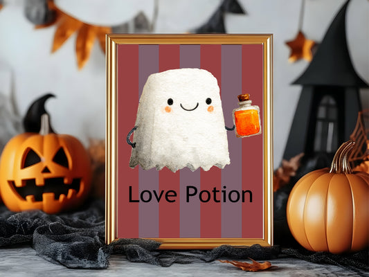 Love Potion Print | Cute Ghost | Halloween Wall Art | Red & Purple Stripes