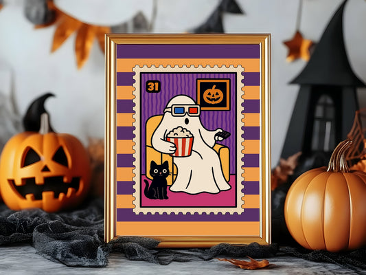 Ghost Movie Print | Cute Halloween Wall Art | Purple & Orange Stripes