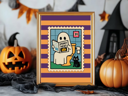 Ghost Toilet Print | Funny Halloween Wall Art | Purple & Orange Stripes
