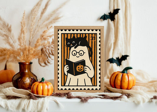 Ghost Reading Print | Cute Halloween Wall Art | Black & Orange Stripes