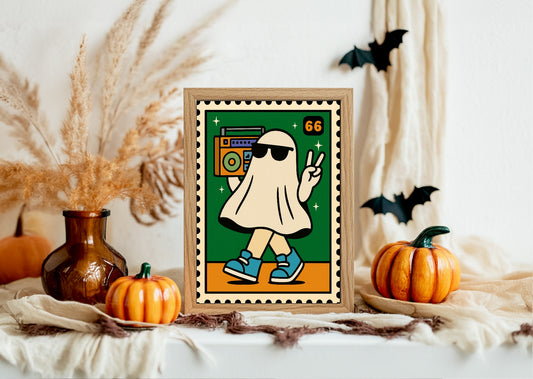 Ghost Music Print | Cool Halloween Wall Art | Orange & Green