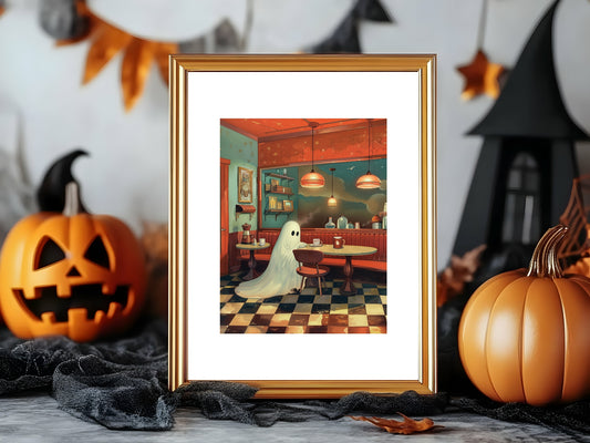Ghost Diner Print | Cute Halloween Wall Art | Spooky Retro Design