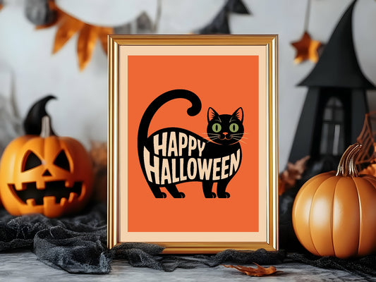 Happy Halloween Cat Print | Cute Halloween Wall Art | Orange