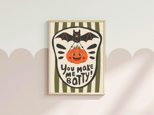 You Make Me Batty Pumpkin Print | Green Stripes | Cute Halloween Wall Art