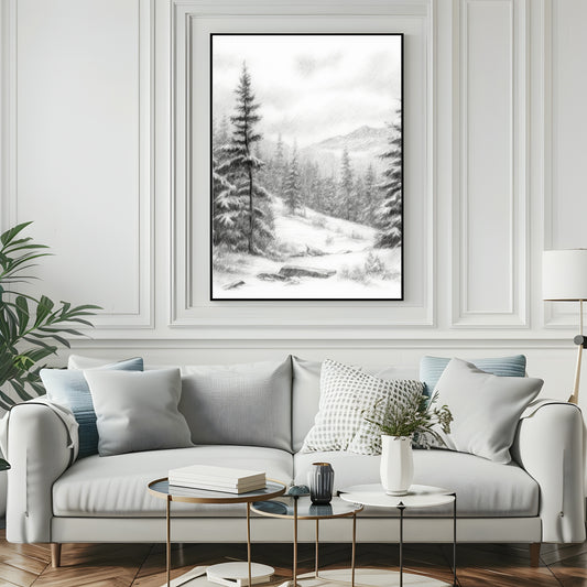 Winter Landscape Print | Snowy Trees & Mountain Wall Art