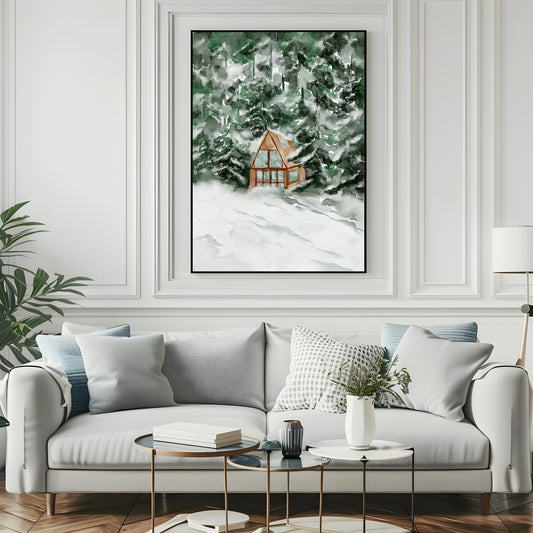 Winter Cabin Print | Snowy Landscape Wall Art