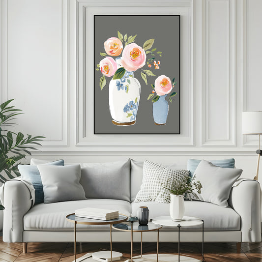 Flowers In Vases Print | Winter Floral Wall Art | Grey