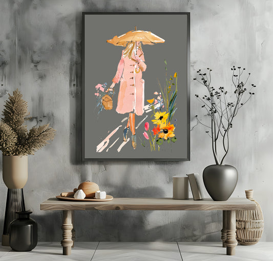 Winter Lady Print | Woman in Pink Coat Wall Art | Grey