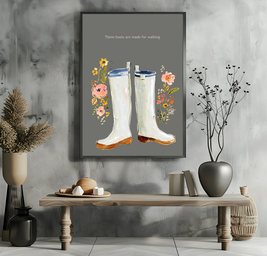 Winter Boots Print | Floral Wall Art | Grey