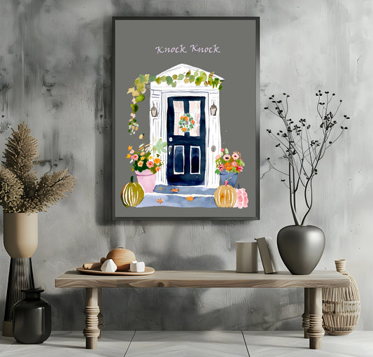 Winter Front Door Print | Floral Wall Art | Grey