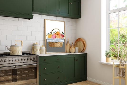 Winter Apples Print | Basket of Apples Wall Art | White & Grey