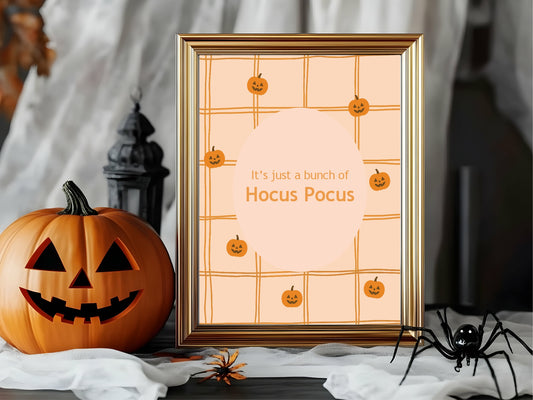 It’s Just a Bunch of Hocus Pocus Print | Halloween Wall Art | Orange Checkered Pumpkin Pattern