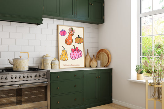 Rainbow of Pumpkins Print | Halloween Wall Art | Colourful Pumpkin Illustration