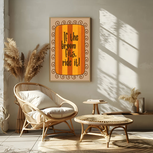 If The Broom Fits, Ride It Print | Orange Stripes | Fun Halloween Wall Art