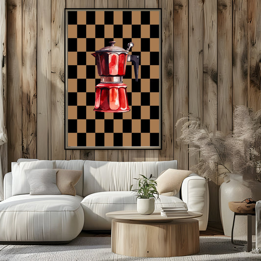 Checkerboard Coffee percolator Print | Autumnal Kitchen Wall Art