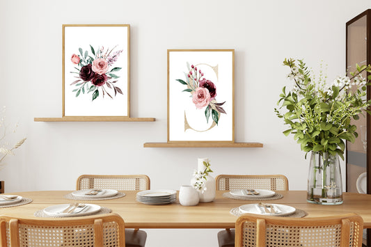 Blush Pink & Burgundy Bouquet | Cosy Modern Wall Art