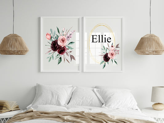 Blush & Burgundy Floral Framed Personalised Name Print