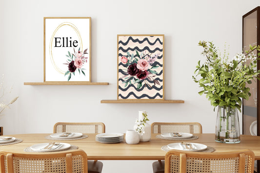 Blush Pink & Burgundy Bouquet On Wavy Background | Cosy Modern Wall Art