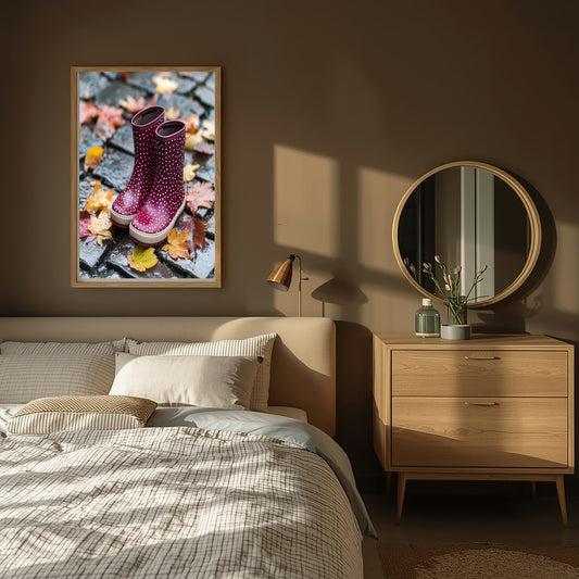 Burgundy Leaves & Wellies Print | Cosy Modern Wall Art